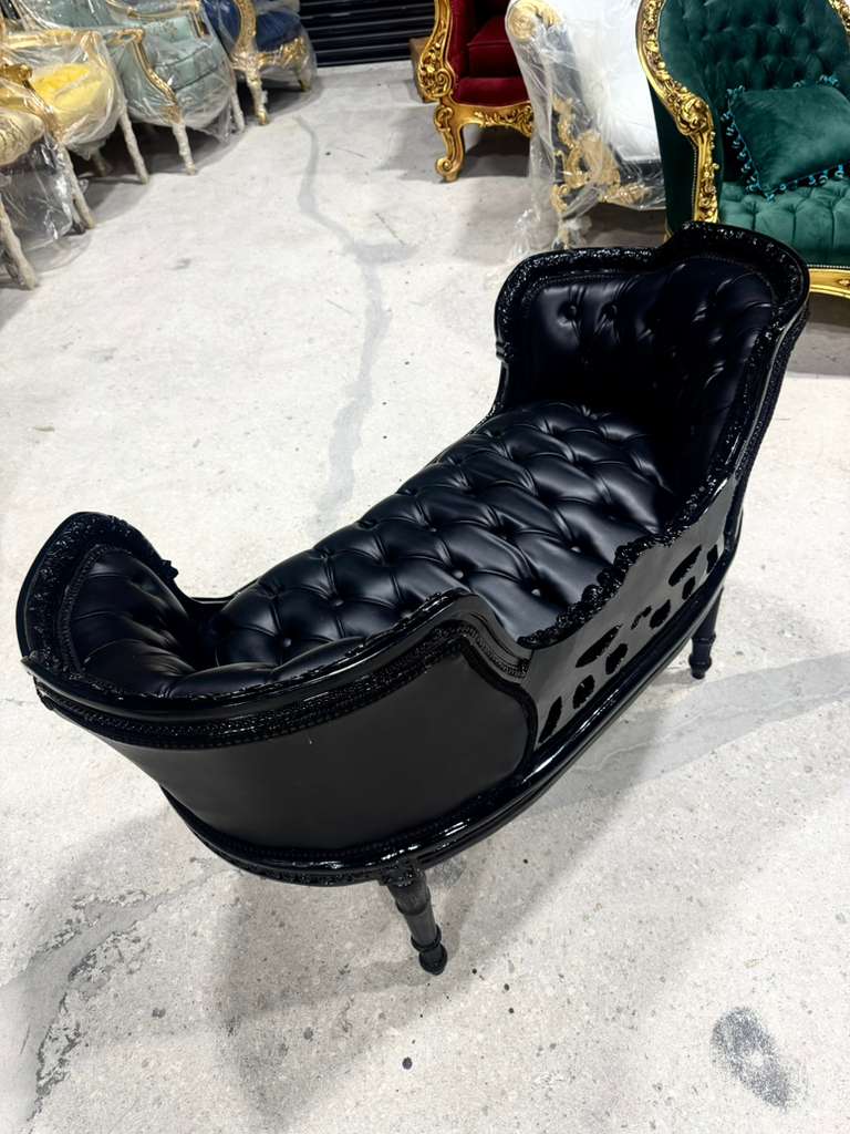 French Rococo Tufted Black Leather Bench – Luxury Baroque Accent Seating with Ornate Black Frame