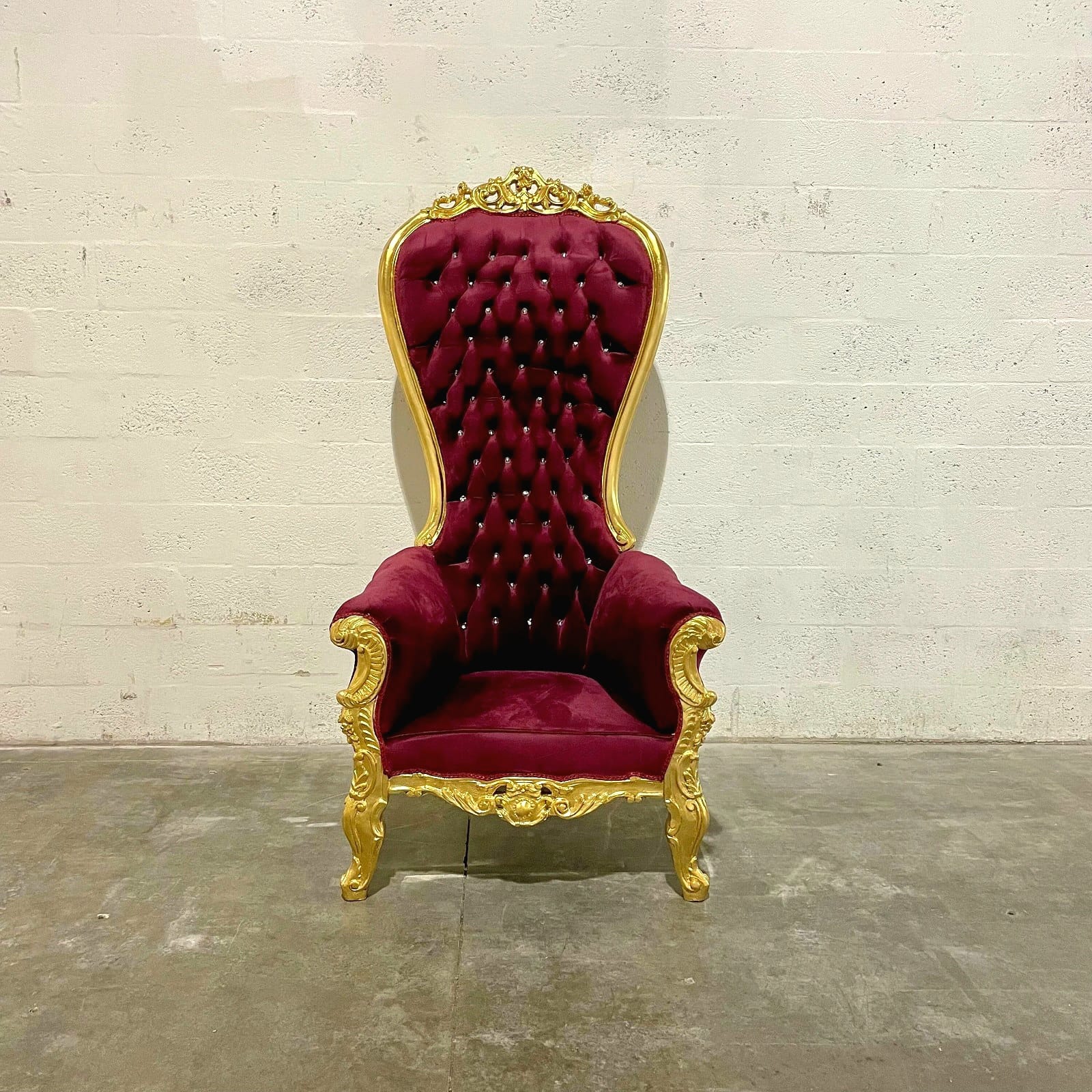 Throne Chair French Style Burgundy Velvet High-Back Tufted Gold Throne
