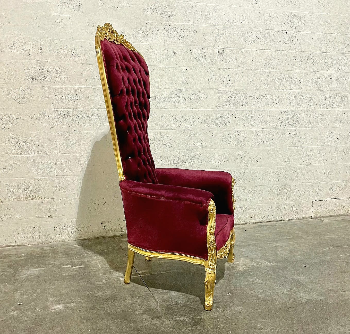 Throne Chair French Style Burgundy Velvet High-Back Tufted Gold Throne