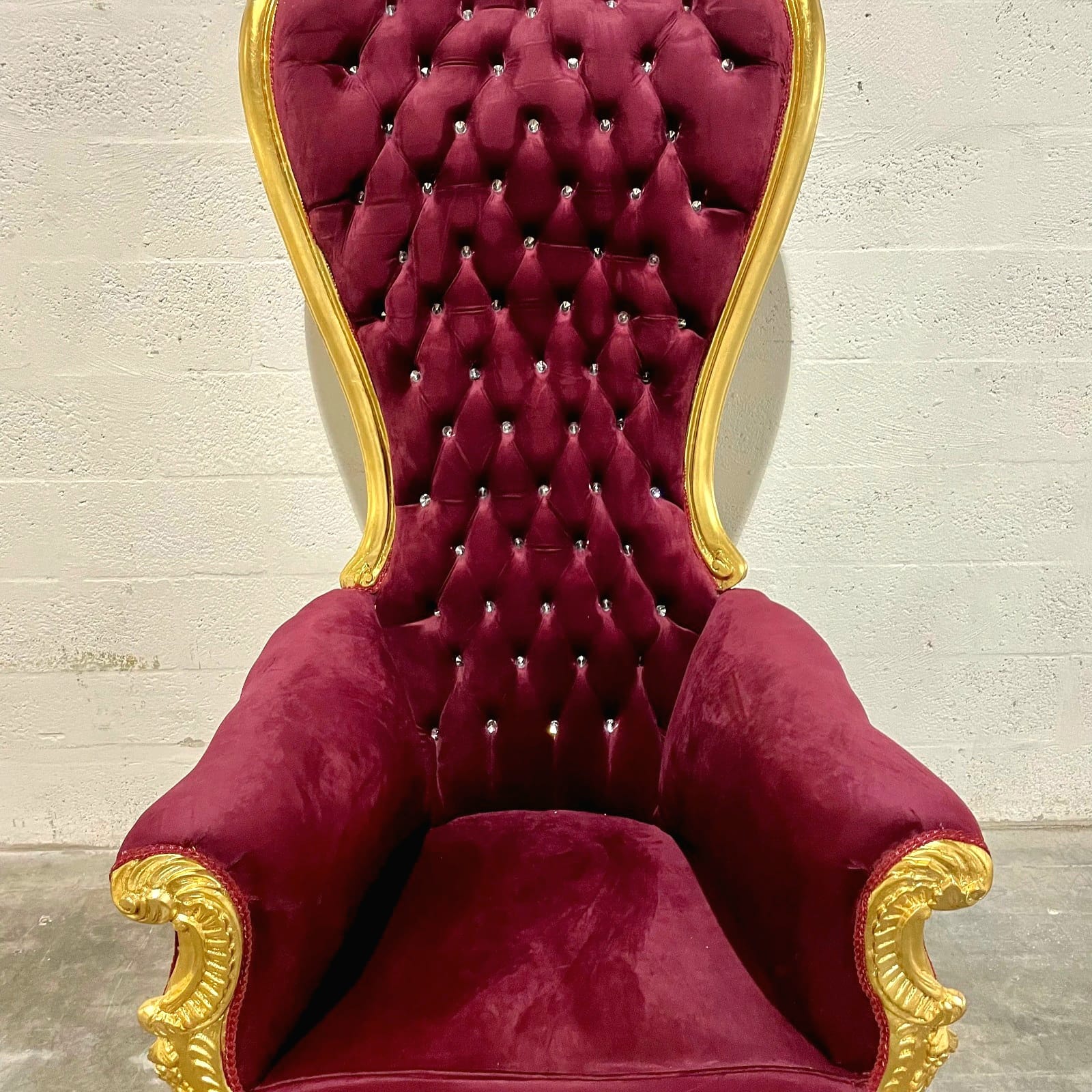 Throne Chair French Style Burgundy Velvet High-Back Tufted Gold Throne