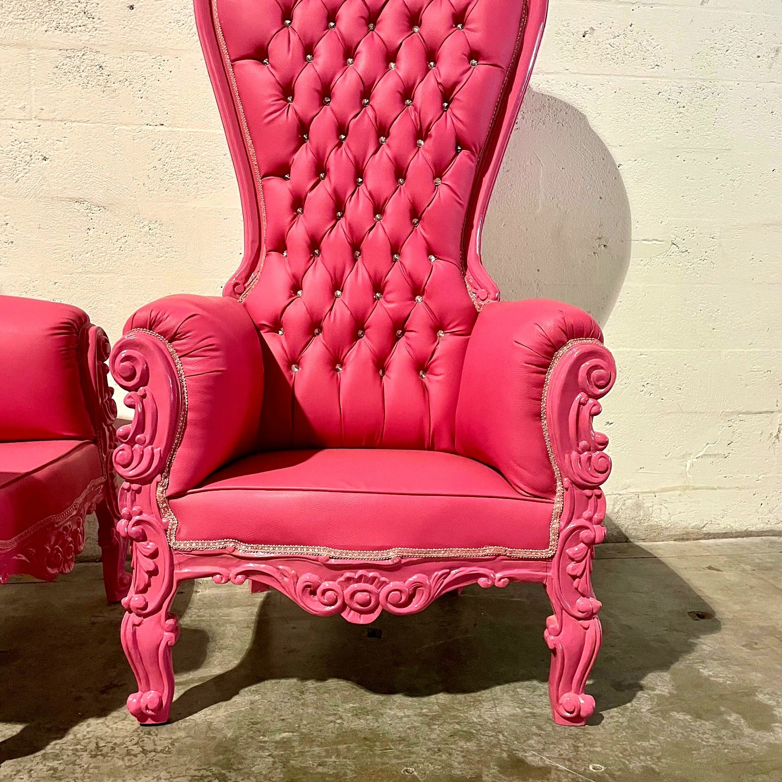 Throne Chair French Style Pink Leather High-Back Tufted Pink Frame Throne