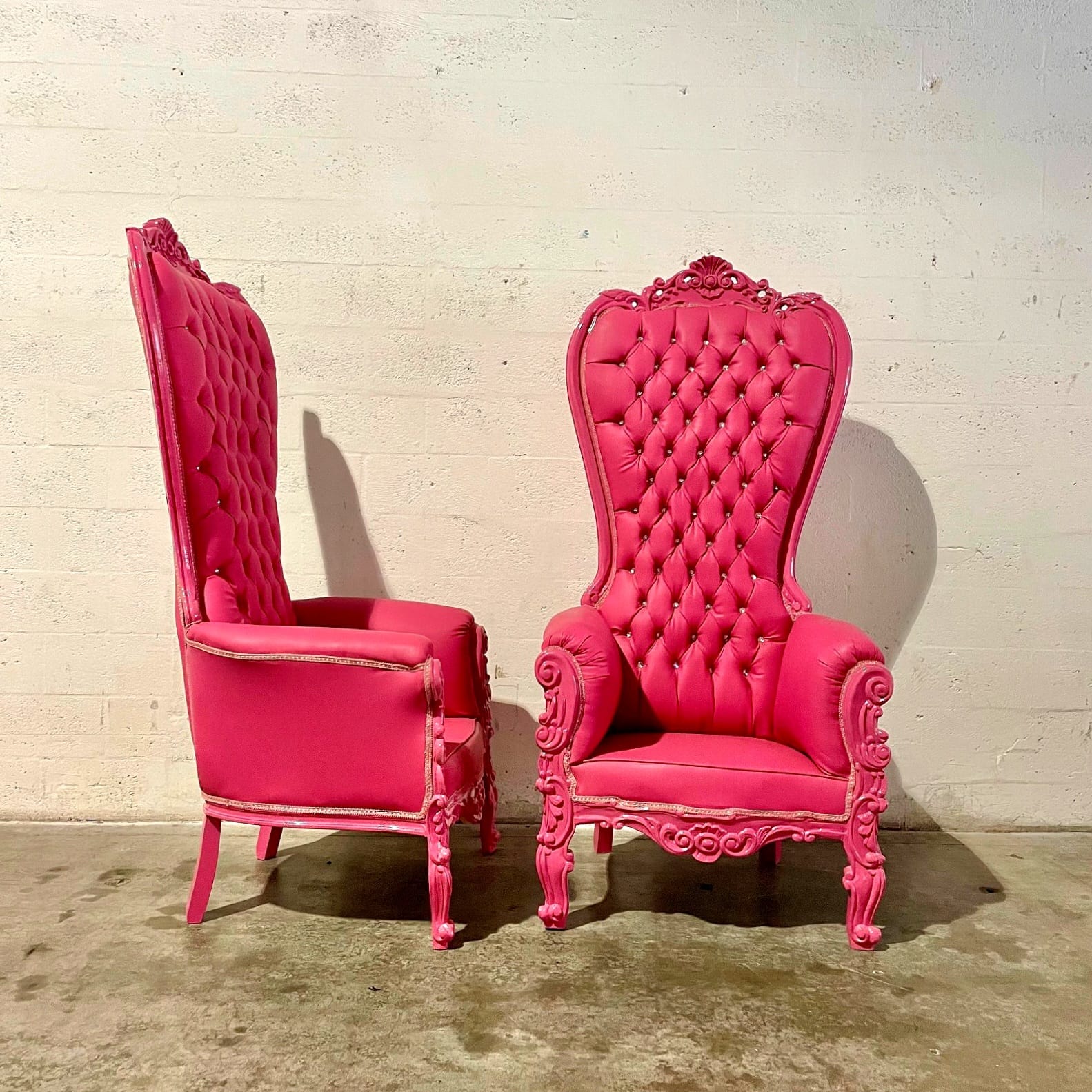 Throne Chair French Style Pink Leather High-Back Tufted Pink Frame Throne
