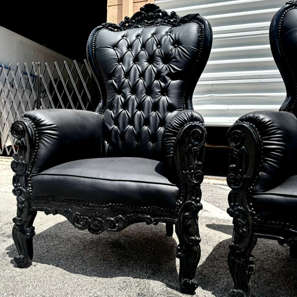 Black Gothic French Throne Chair – All Black Tufted Leather, Hand-Carved Frame, Luxury Statement Chair