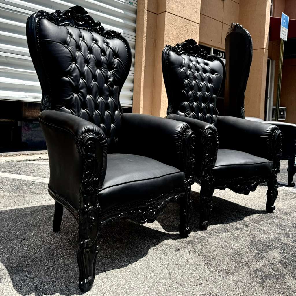 Black Gothic French Throne Chair – All Black Tufted Leather, Hand-Carved Frame, Luxury Statement Chair