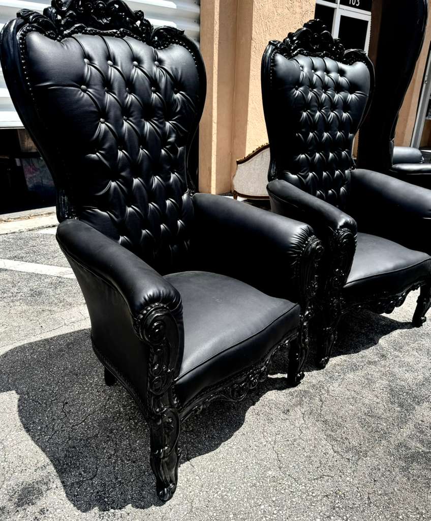 Black Gothic French Throne Chair – All Black Tufted Leather, Hand-Carved Frame, Luxury Statement Chair