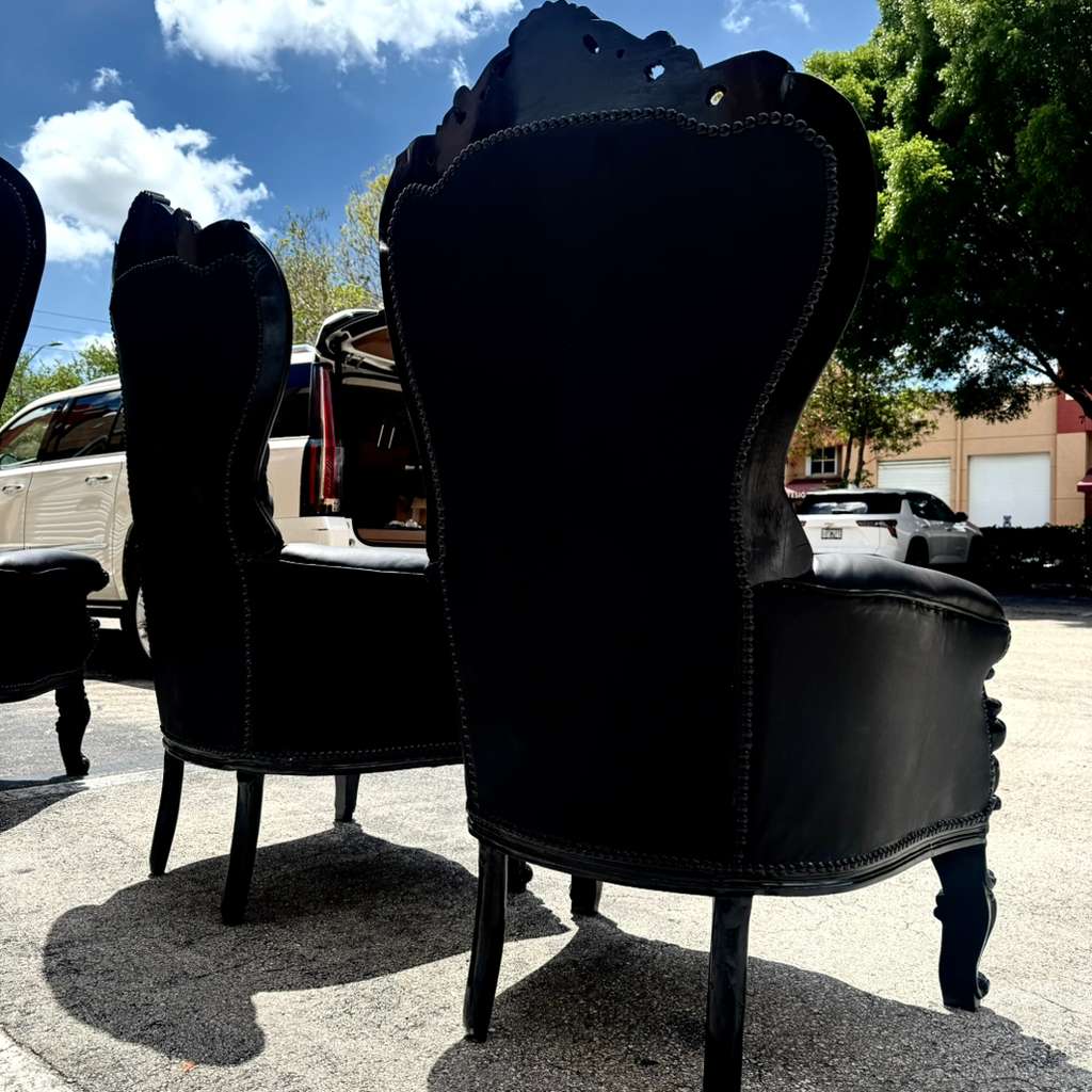 Black Gothic French Throne Chair – All Black Tufted Leather, Hand-Carved Frame, Luxury Statement Chair