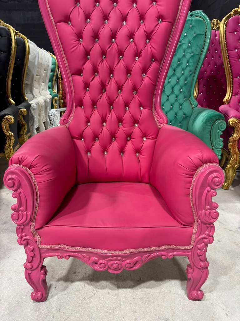 French Pink Leather Throne Chair – High-Back Tufted Accent Chair | As-Is Discounted Piece