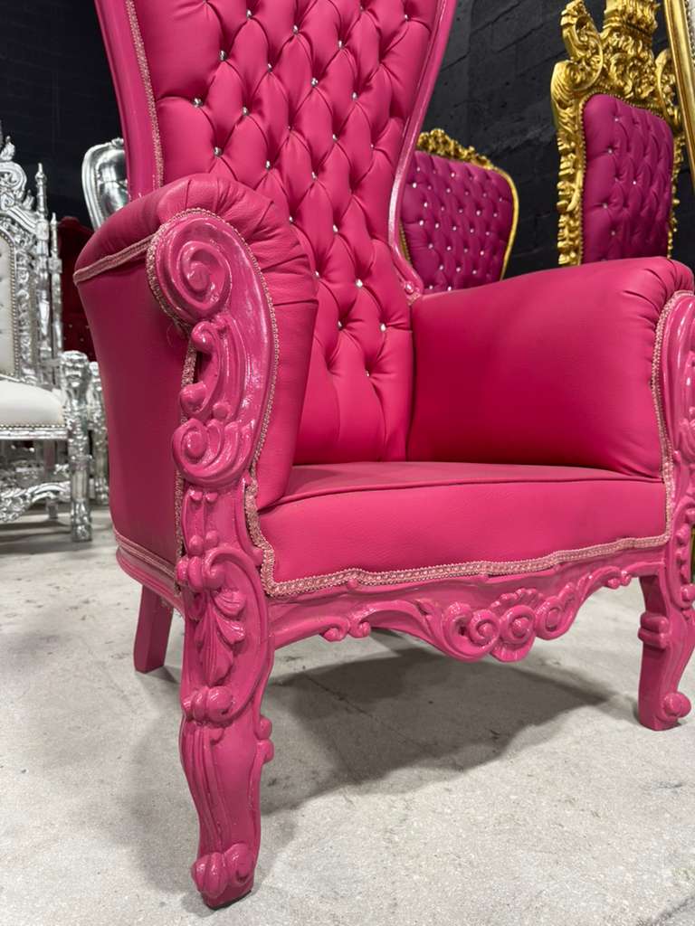 French Pink Leather Throne Chair – High-Back Tufted Accent Chair | As-Is Discounted Piece