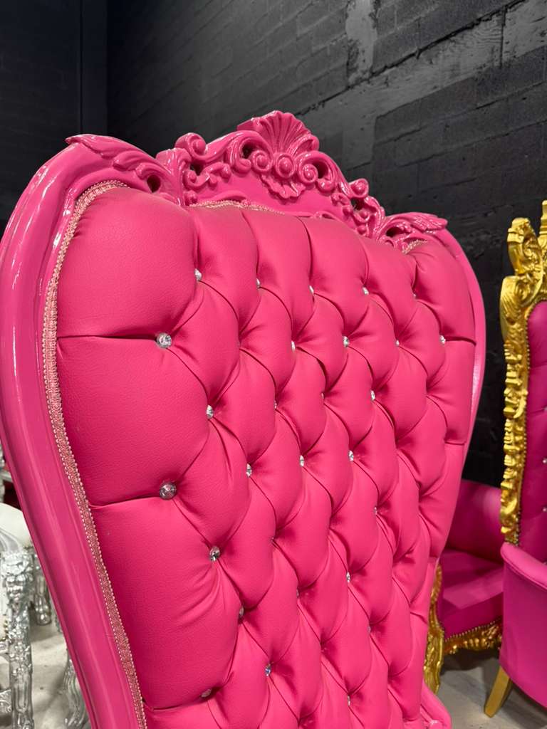 French Pink Leather Throne Chair – High-Back Tufted Accent Chair | As-Is Discounted Piece