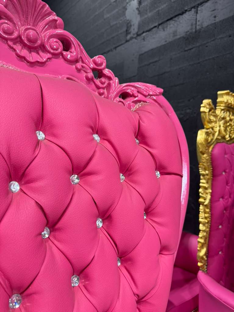 French Pink Leather Throne Chair – High-Back Tufted Accent Chair | As-Is Discounted Piece