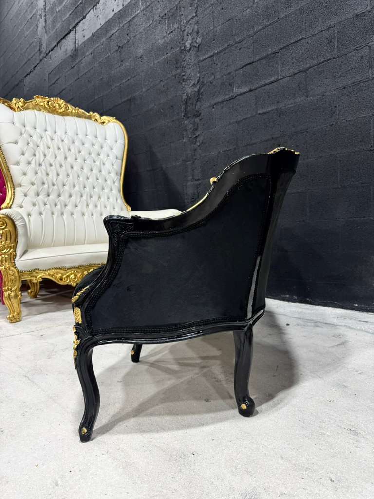 Midnight Gothic Black Velvet Sofa with Hand-Applied 24K Gold Leaf Frame