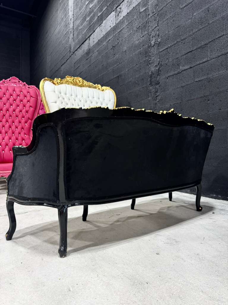 Midnight Gothic Black Velvet Sofa with Hand-Applied 24K Gold Leaf Frame
