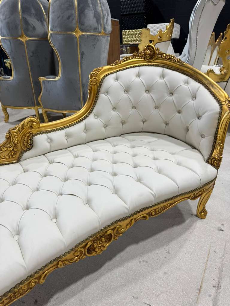 French Rococo Chaise Lounge in Off-White Leather with Hand-Applied Gold Leaf Details