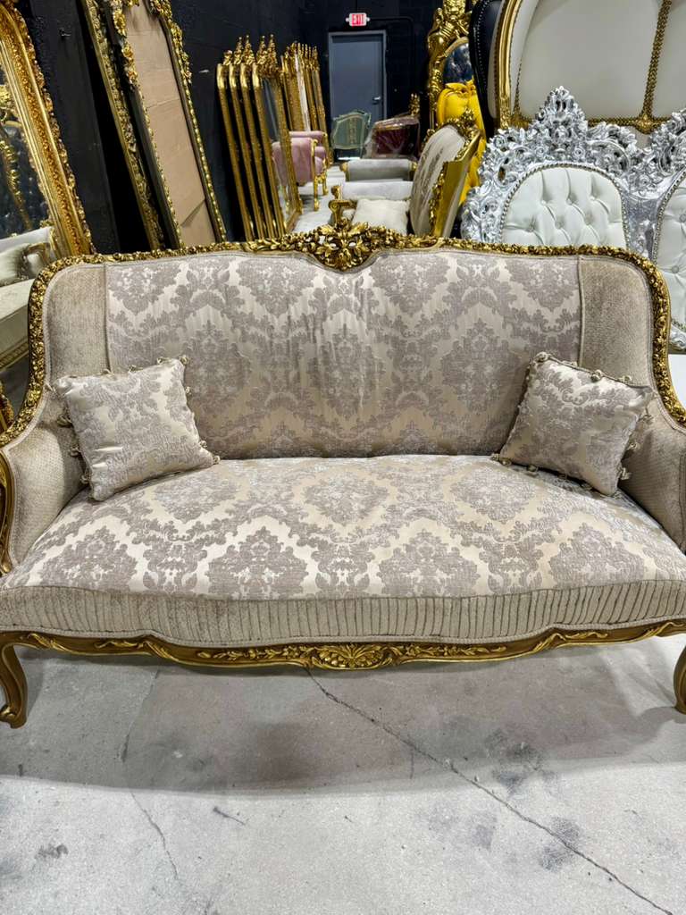 Romantic French Baroque Sofa in Beige and Ivory with Hand-Applied Gold Leaf