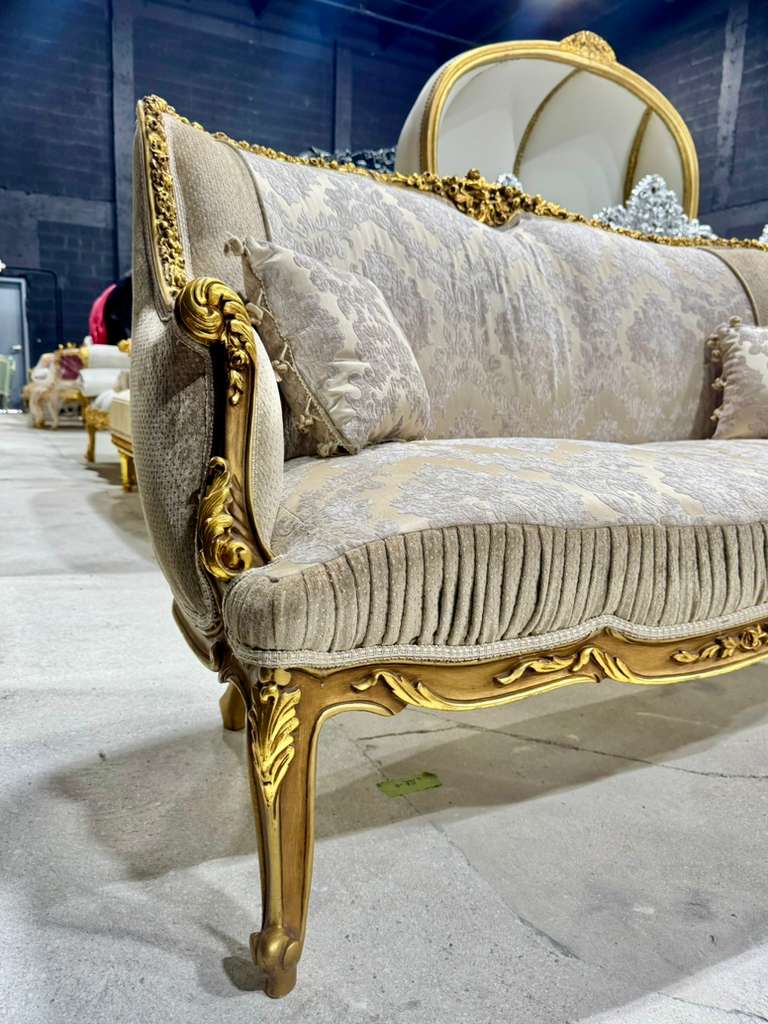 Romantic French Baroque Sofa in Beige and Ivory with Hand-Applied Gold Leaf