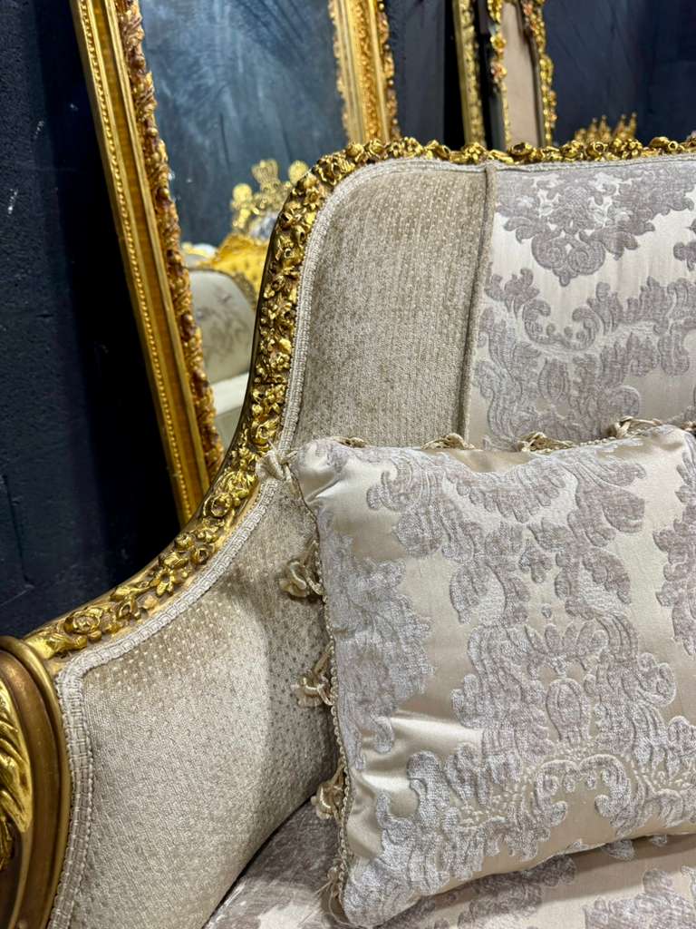 Romantic French Baroque Sofa in Beige and Ivory with Hand-Applied Gold Leaf