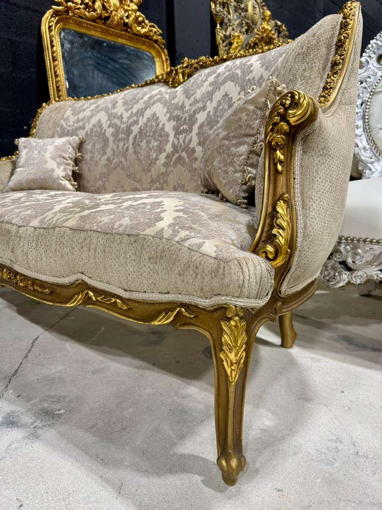 Romantic French Baroque Sofa in Beige and Ivory with Hand-Applied Gold Leaf