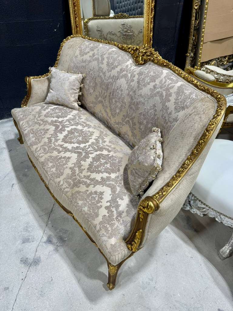 Romantic French Baroque Sofa in Beige and Ivory with Hand-Applied Gold Leaf
