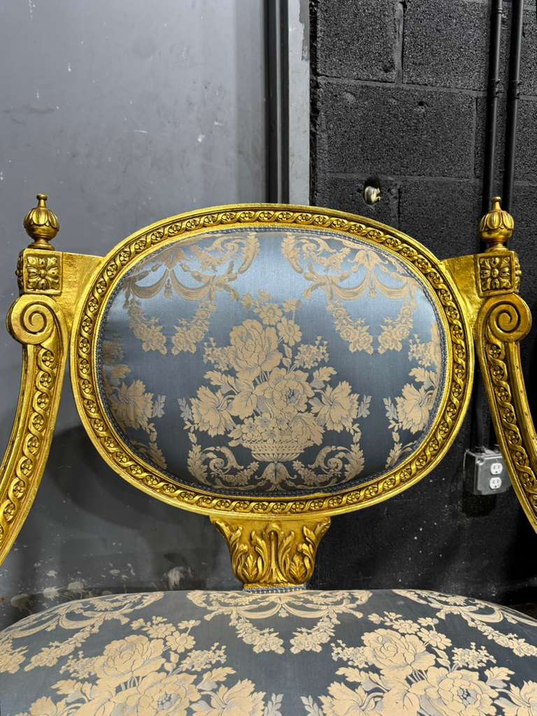 French Louis XV Blue Accent Chair with Gold Leaf – Rococo Baroque Style