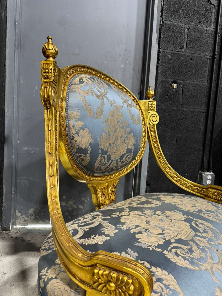 French Louis XV Blue Accent Chair with Gold Leaf – Rococo Baroque Style