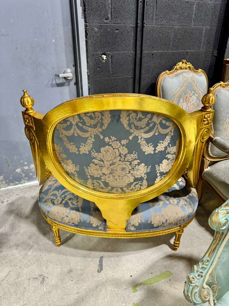 French Louis XV Blue Accent Chair with Gold Leaf – Rococo Baroque Style