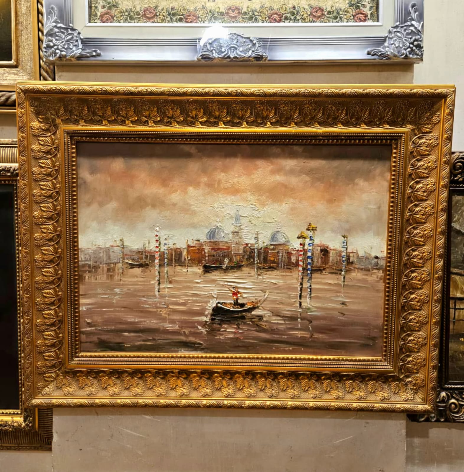 Impressionist Sailboat Landscape Hand-Painted on Cotton Fabric – Serene Lake Scene, Vintage Gold Frame