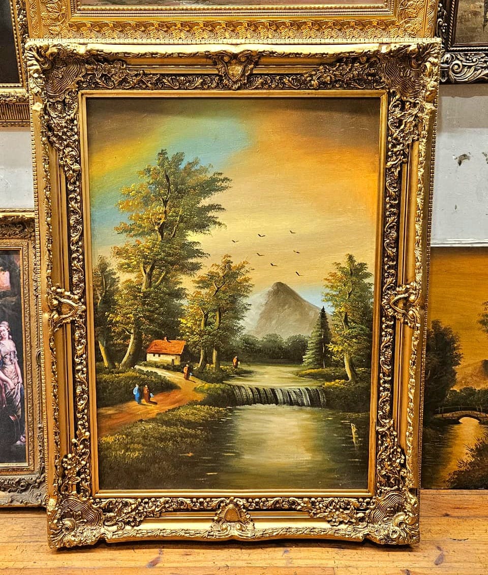 Landscape Lake Hand-Painting on Cotton Fabric – Cottage, Waterfall & Scenic Nature, Antique Gold Frame
