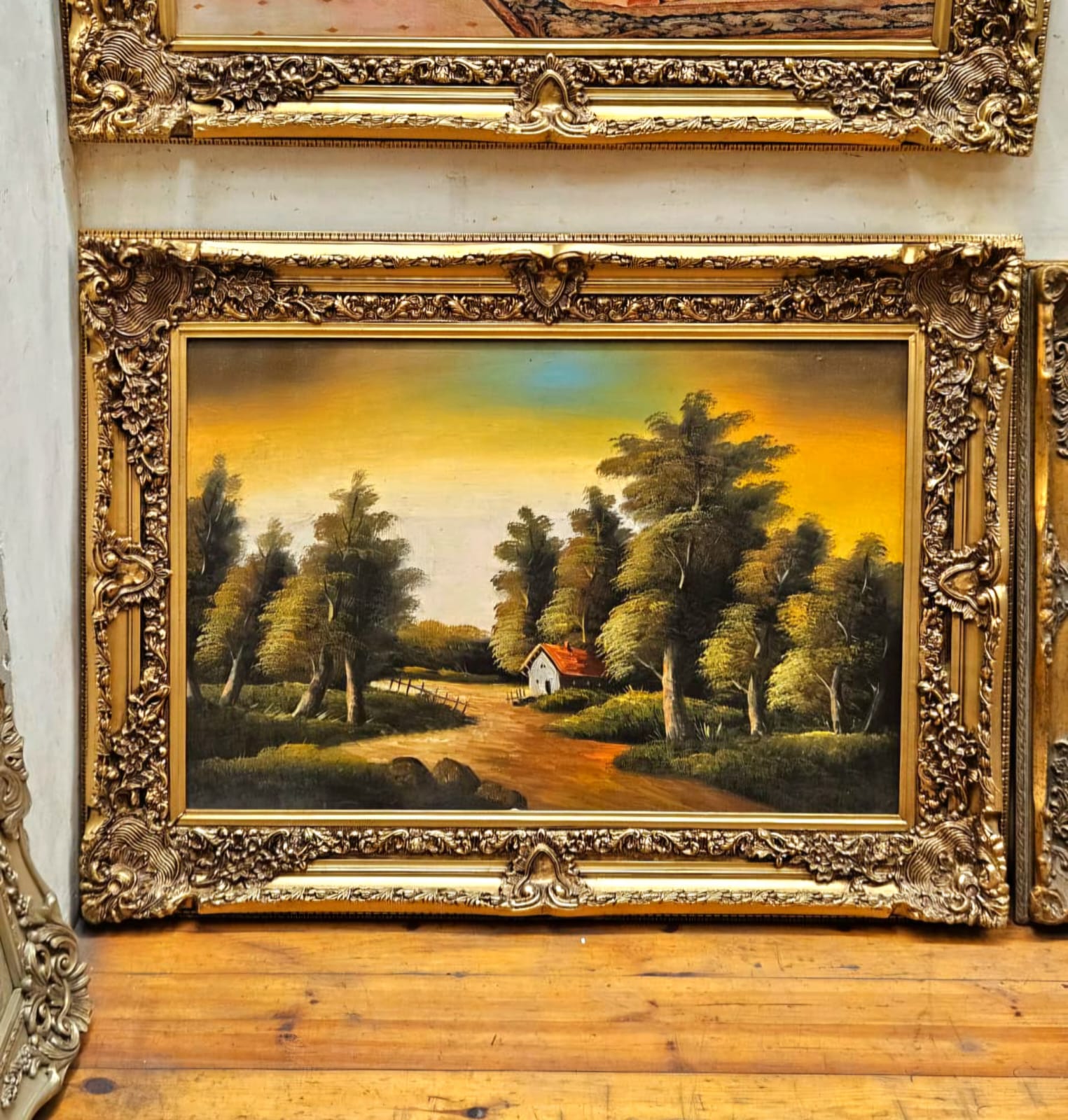 Realistic Cottage Landscape Hand-Painted on Cotton Fabric – Woodland Home Scene, Antique Gold Frame