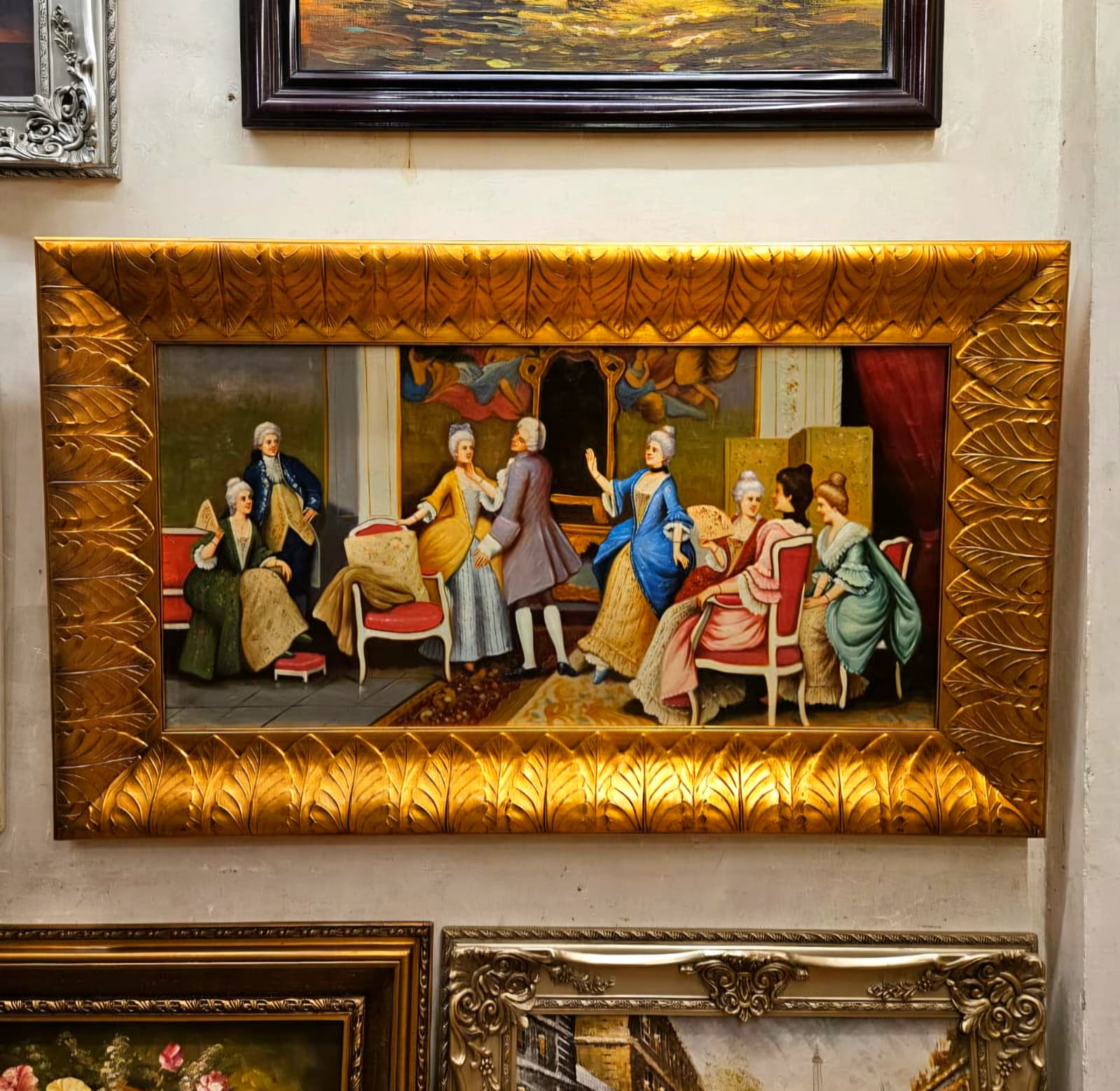 Victorian Living Room Wall Art Print on Cotton Fabric – Vibrant Social Gathering Scene, Vintage Gold Frame