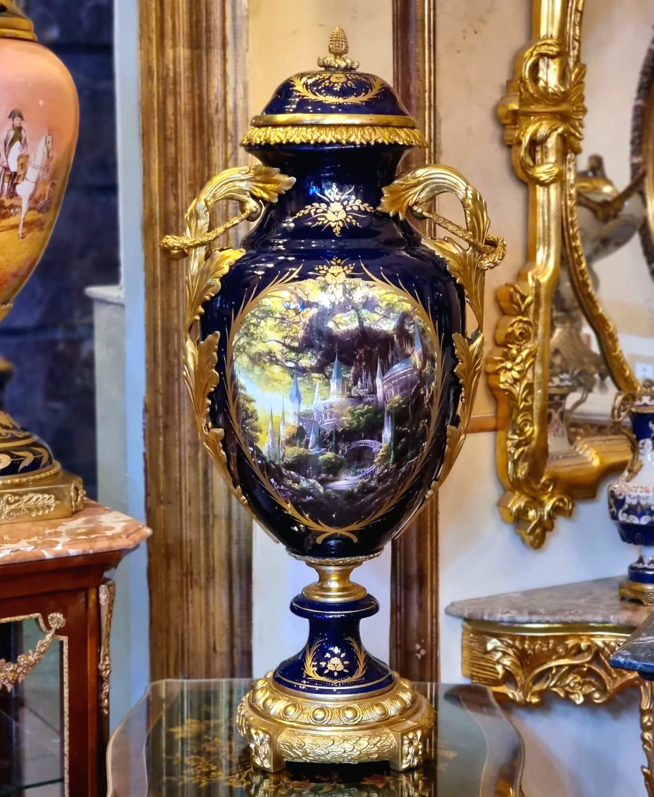 French Porcelain Vase – Dark Blue Romantic Landscape with Gold Leaf & Bronze Details