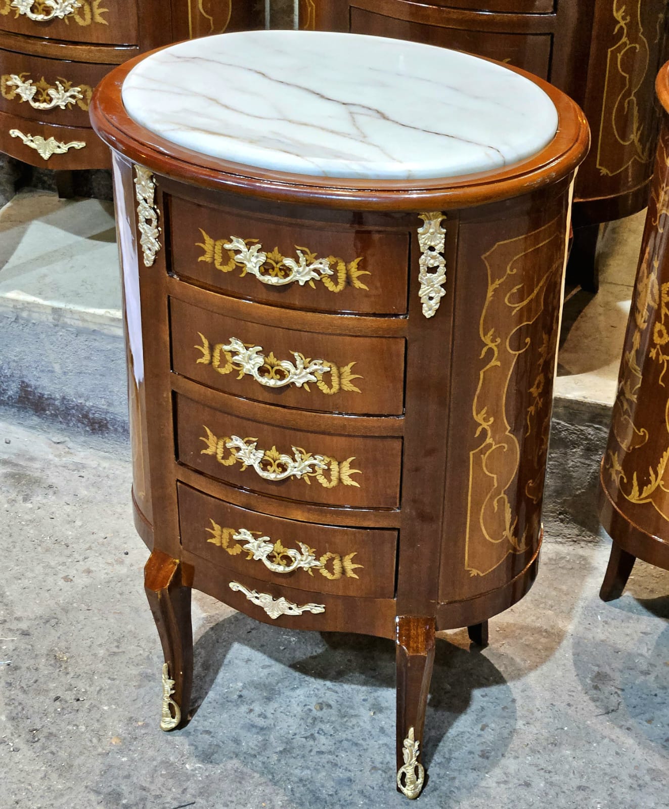 Luxury French Marble Top Nightstand – Inlaid Wood Commode with Gold Bronze Details