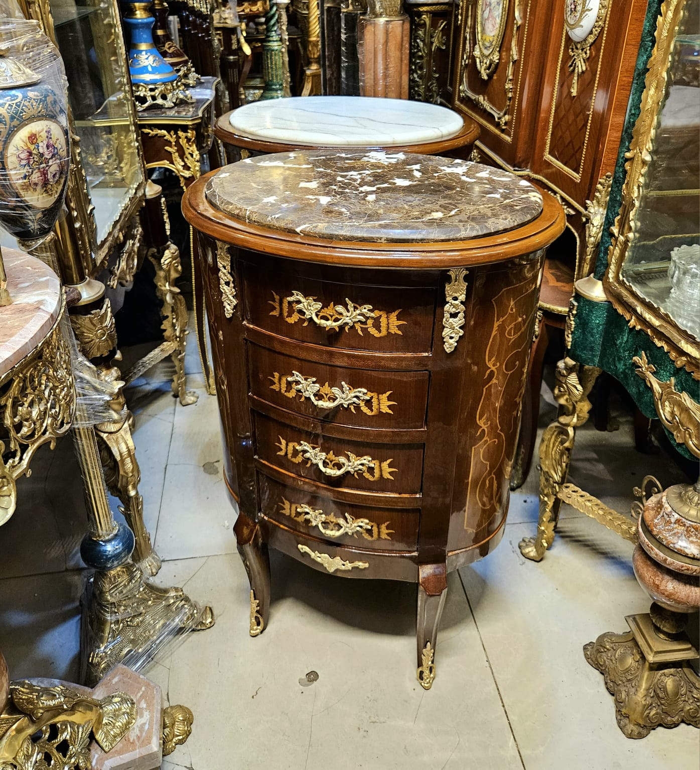 French Louis XV Style Marble Top Commode – 4 Drawer Accent Chest with Gold Leaf Details