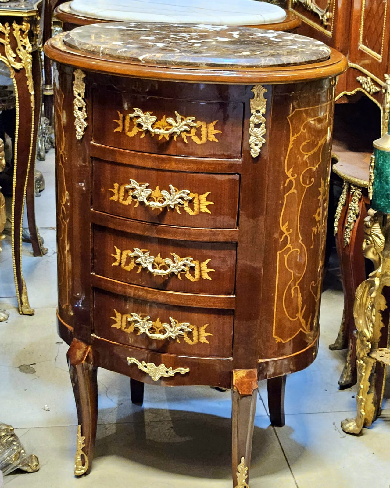 French Louis XV Style Marble Top Commode – 4 Drawer Accent Chest with Gold Leaf Details