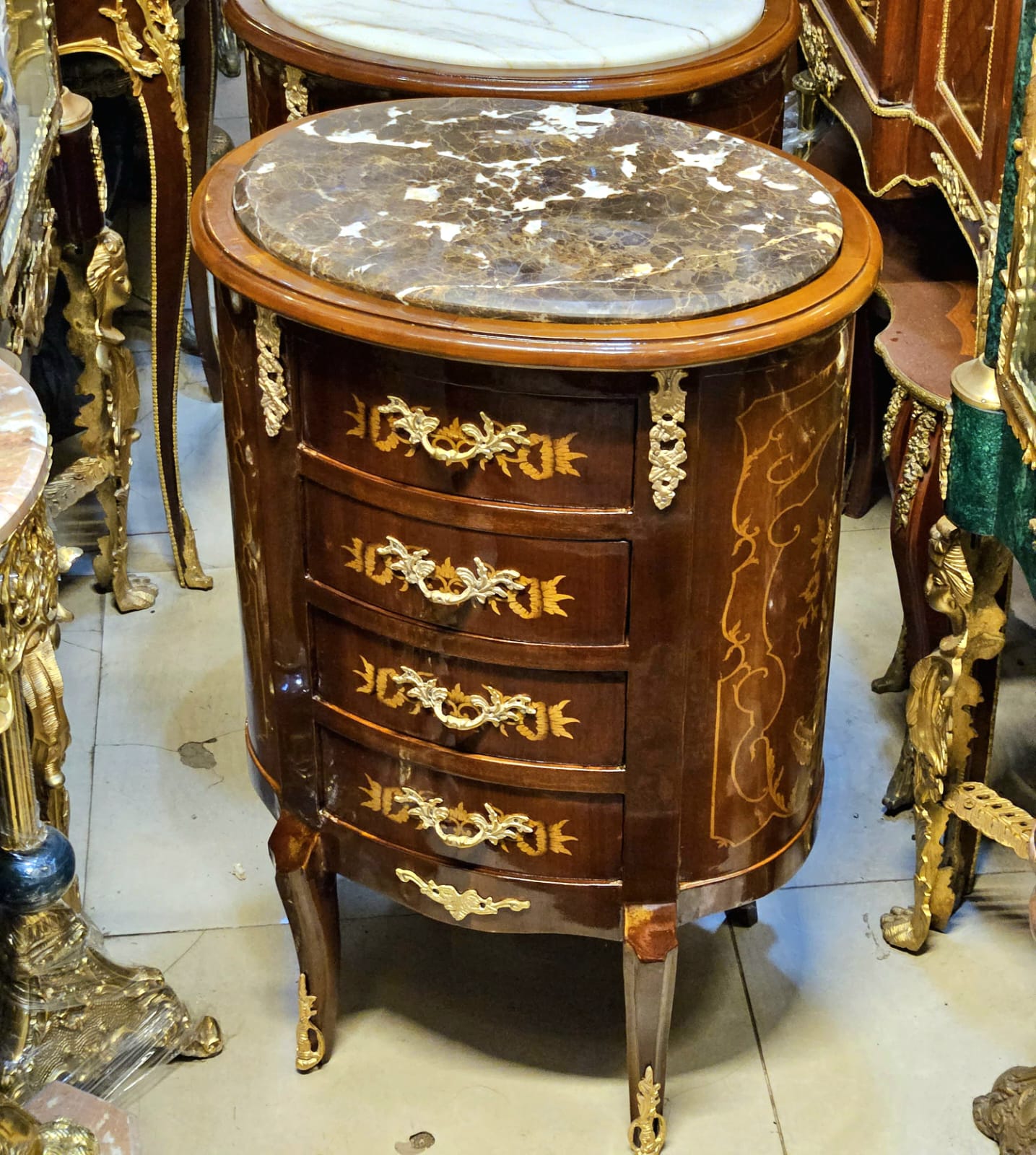 French Louis XV Style Marble Top Commode – 4 Drawer Accent Chest with Gold Leaf Details