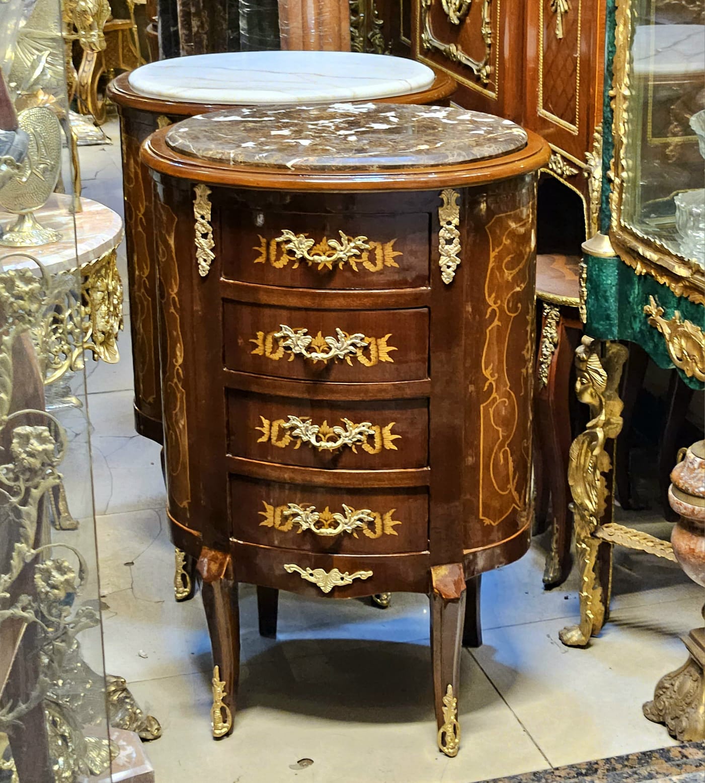 French Louis XV Style Marble Top Commode – 4 Drawer Accent Chest with Gold Leaf Details