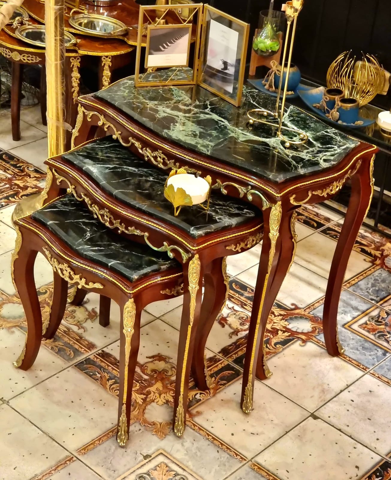 Rococo Style Black Marble Top Nesting Tables – Set of 3 with Gold Leaf Accents