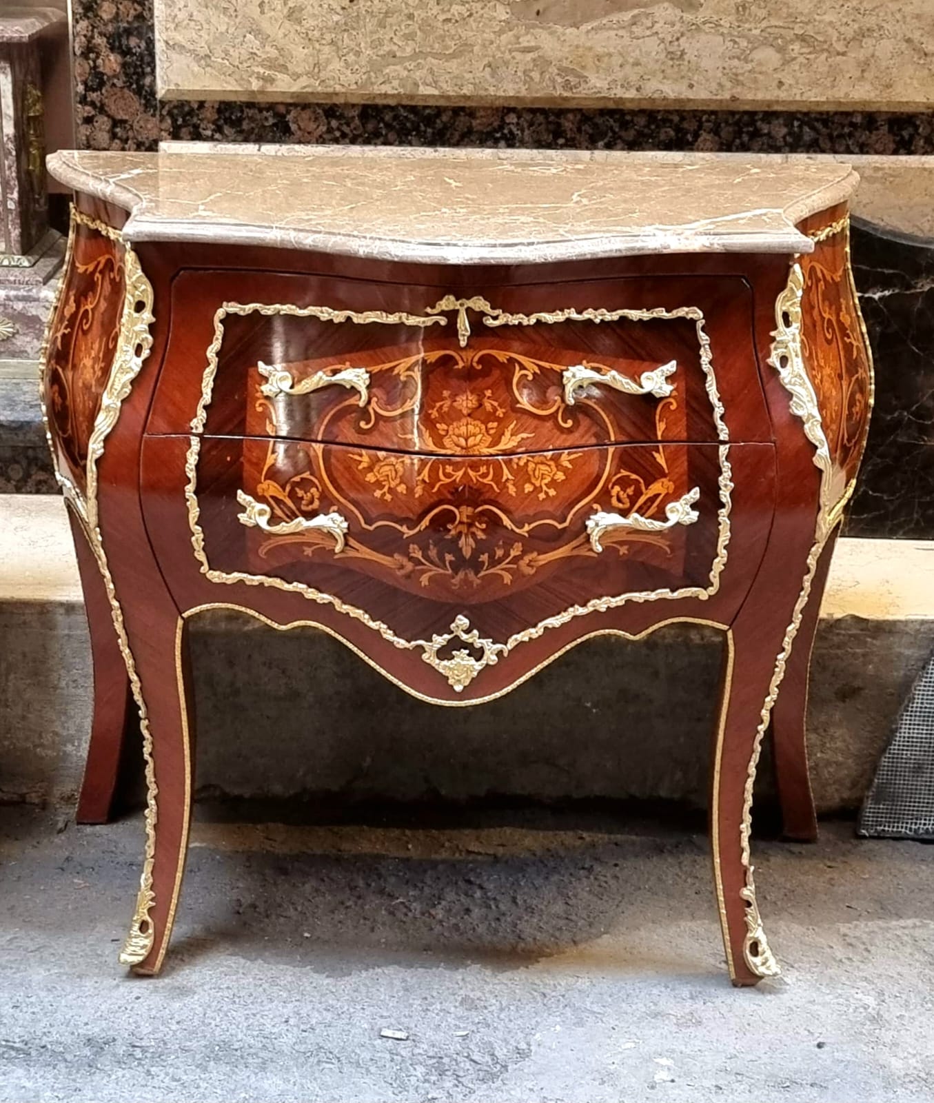 Elegant French 2 Drawer Commode – Curved Bombe Chest with Marble Top