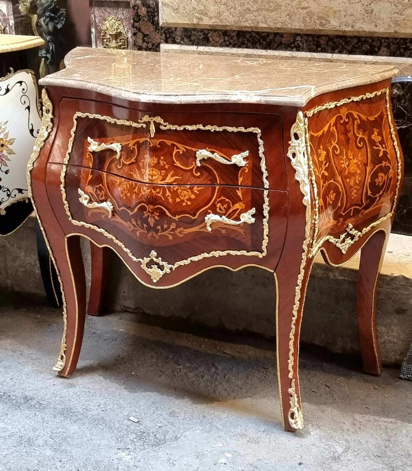 Elegant French 2 Drawer Commode – Curved Bombe Chest with Marble Top