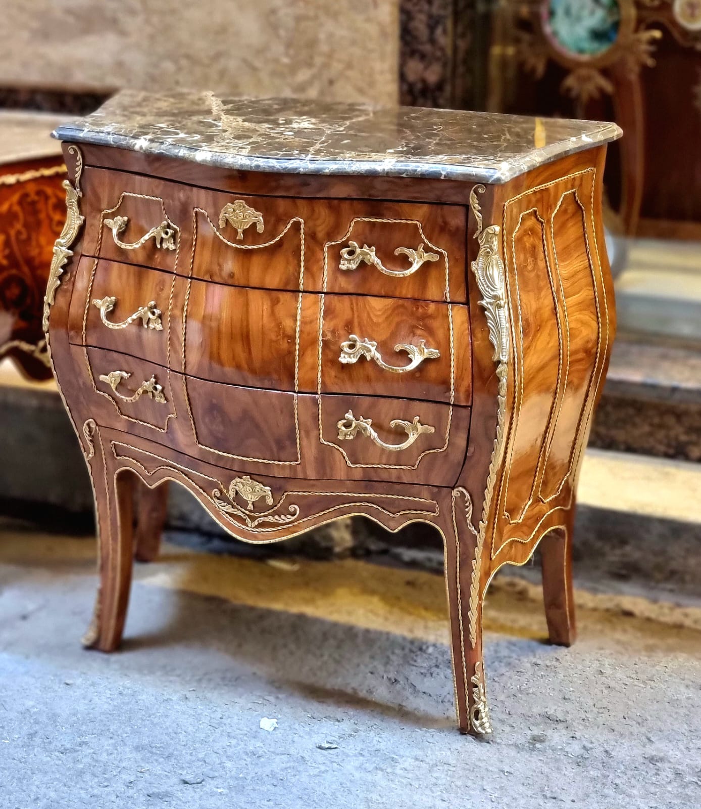 Elegant French 3 Drawer Commode – Curved Bombe Chest with Marble Top
