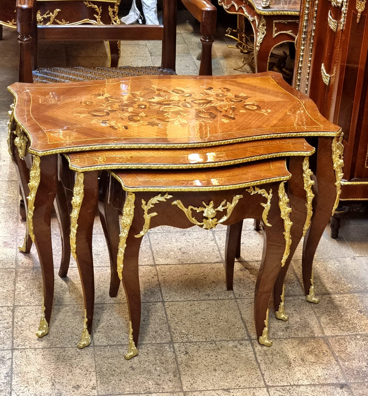Italian Rococo Style Nesting Tables – Set of 3 with Gold Leaf Accents