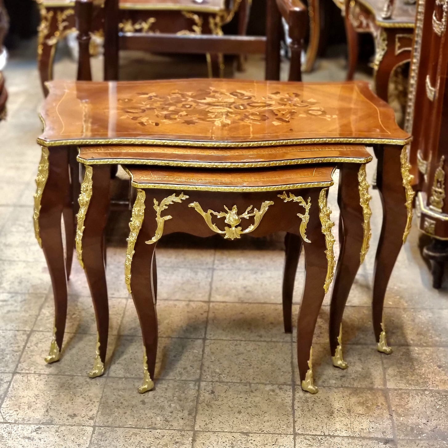 Italian Rococo Style Nesting Tables – Set of 3 with Gold Leaf Accents