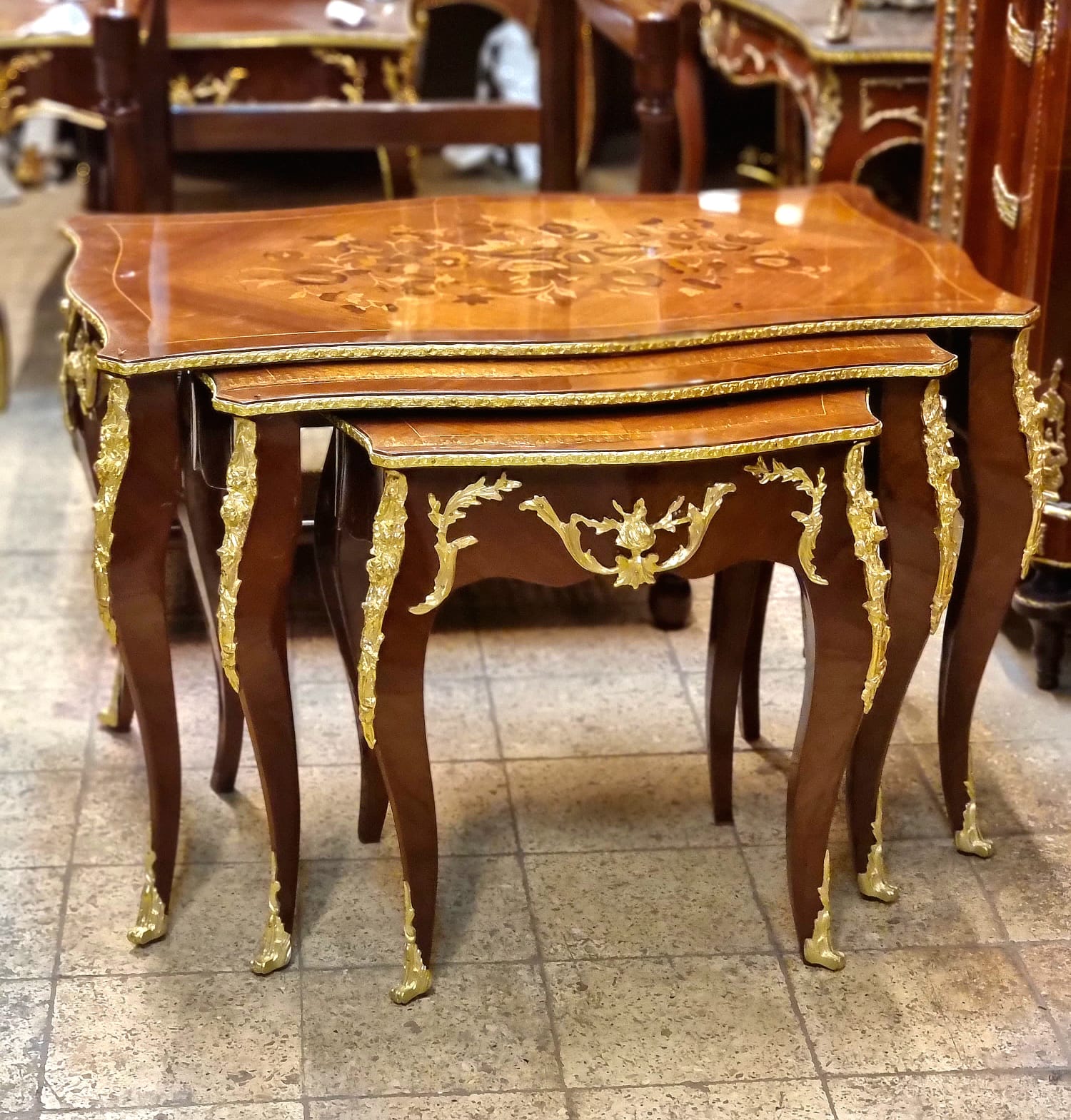 Italian Rococo Style Nesting Tables – Set of 3 with Gold Leaf Accents