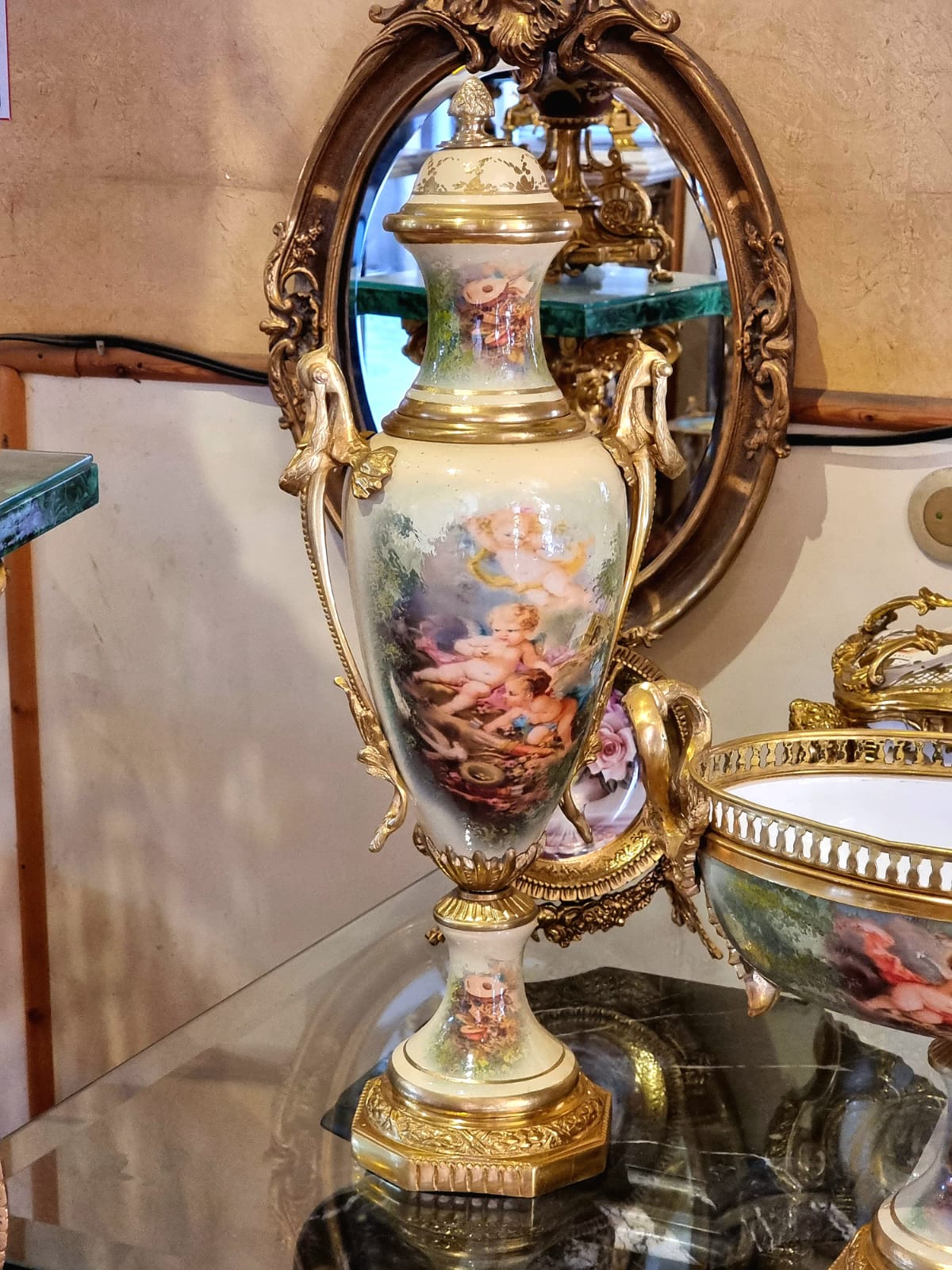 French Louis XV Style Porcelain Garniture Set – Antique White, Soft Green & Pink with Bronze Details, 3-Piece Collection