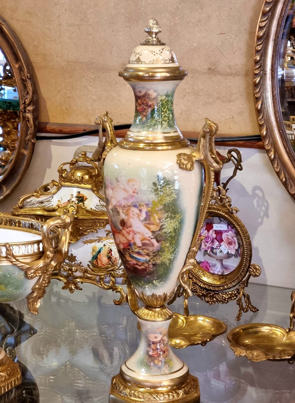 French Louis XV Style Porcelain Garniture Set – Antique White, Soft Green & Pink with Bronze Details, 3-Piece Collection