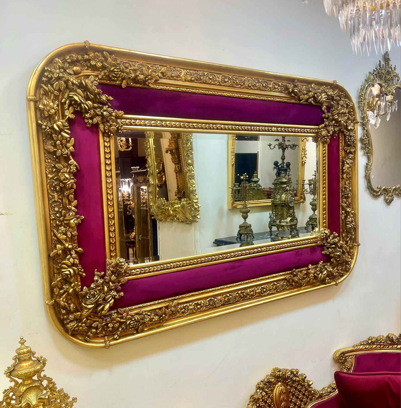 Grand Rococo Style Gold Wall Mirror with Burgundy Velvet Accents & Bronze Details