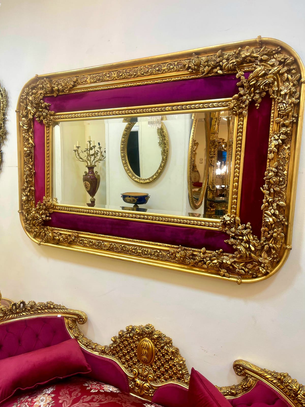 Grand Rococo Style Gold Wall Mirror with Burgundy Velvet Accents & Bronze Details
