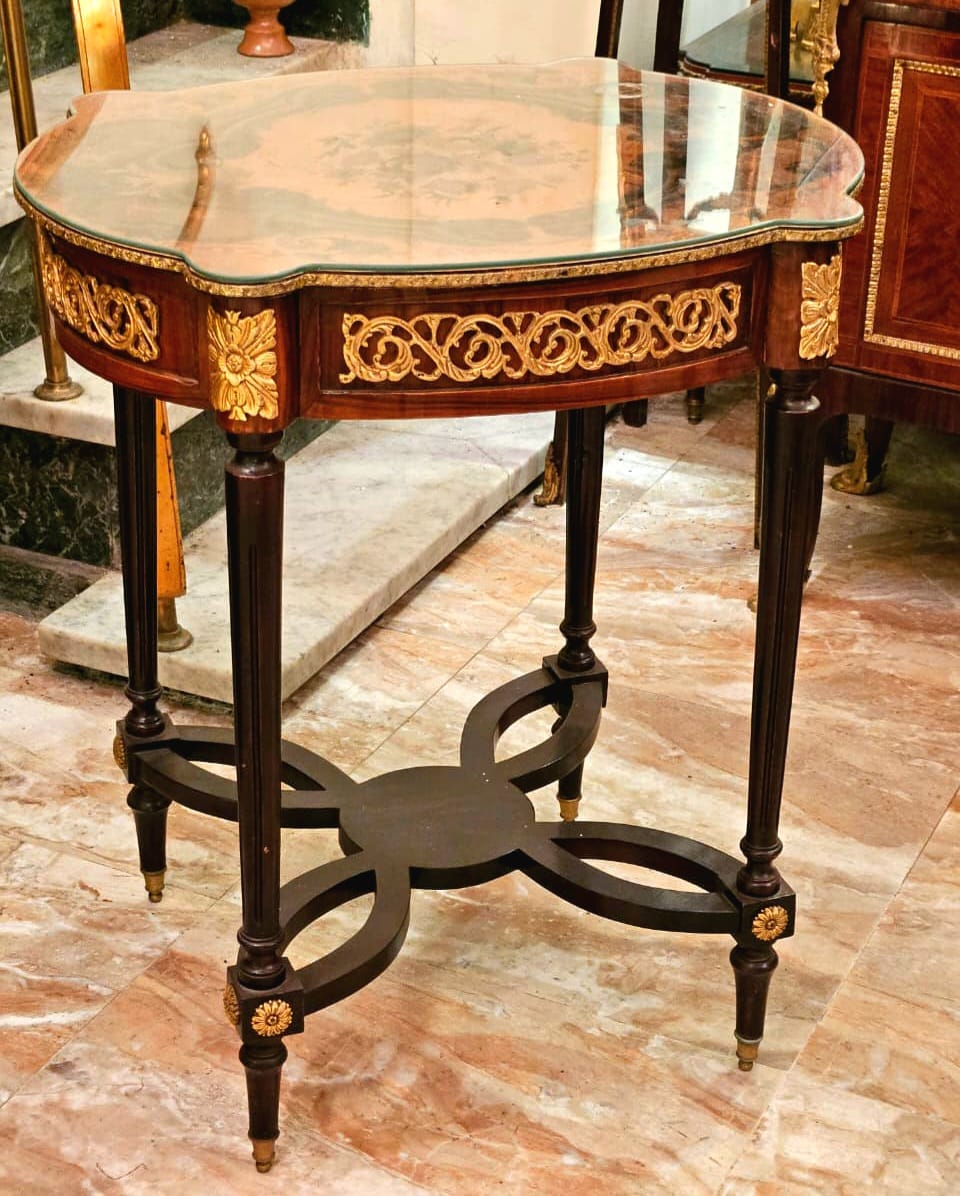 French Style Wood Side Table with Glass Top, Bronze Accents & Gold Leaf Details