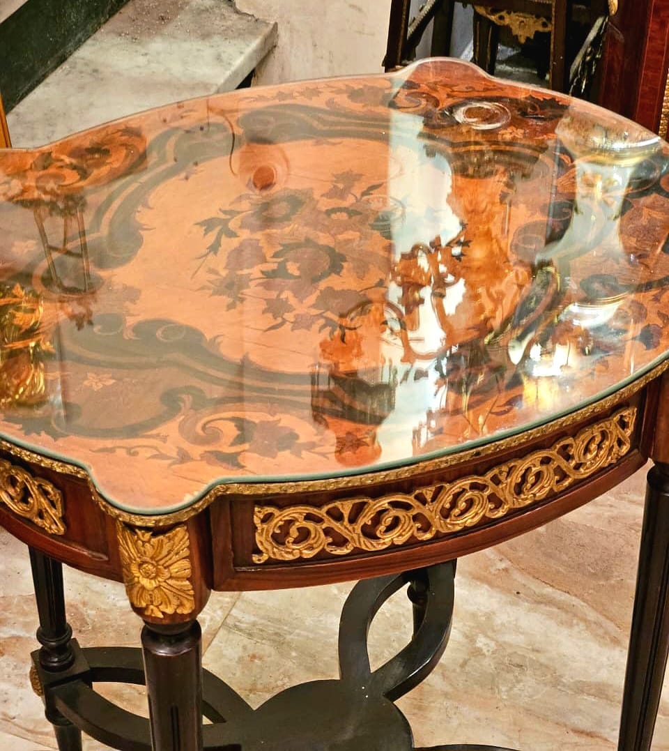 French Style Wood Side Table with Glass Top, Bronze Accents & Gold Leaf Details