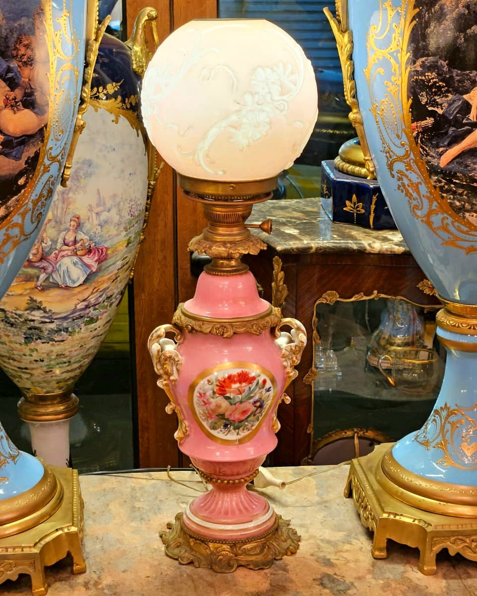 French Style Pink Porcelain Table Lamp with Gold Gilt Bronze Details