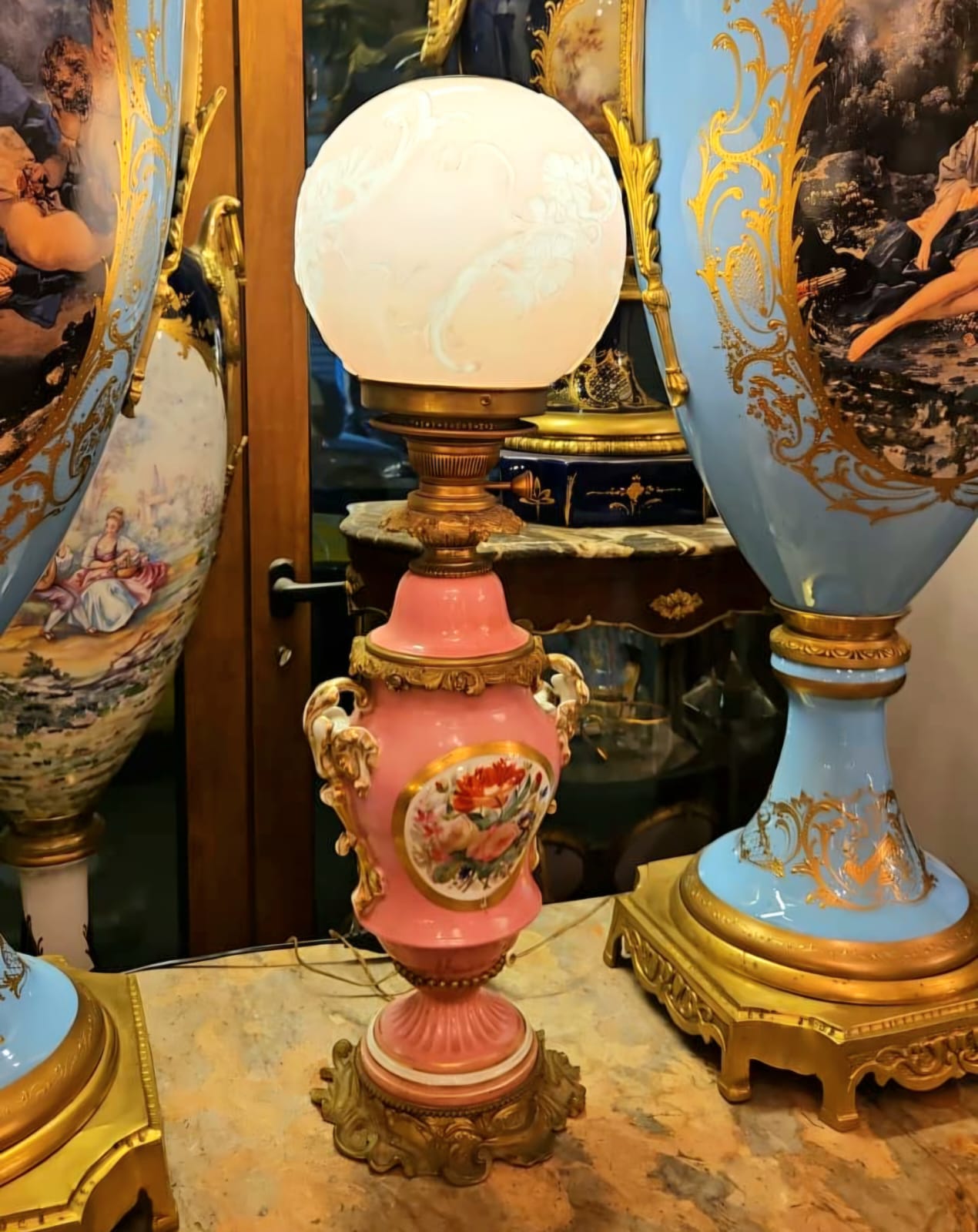 French Style Pink Porcelain Table Lamp with Gold Gilt Bronze Details
